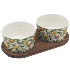 Brighten your table with the Fruits Snack 2 Tapas Bowls Wooden Tray