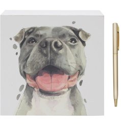 a charming staffie writing pad and pen 