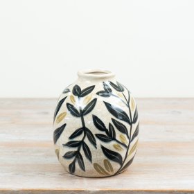 Shiny glazed vase showcasing an elegant nature-inspired leaf motif