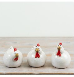 a charming set of3 shiny chicken ornaments 