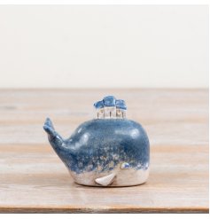 Charming rustic blue whale ornament to bring coastal warmth to your home