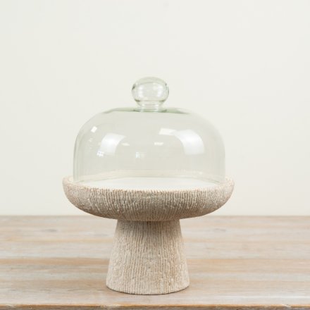 Present your desserts with flair using this stylish cement and glass cake stand tray