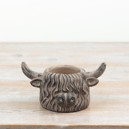 Charming brown cement planter shaped like a highland cow for rustic décor