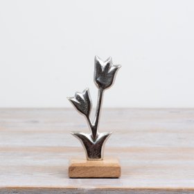 Delightful aluminium tulip flower art on a wooden base with a natural raw nickel finish