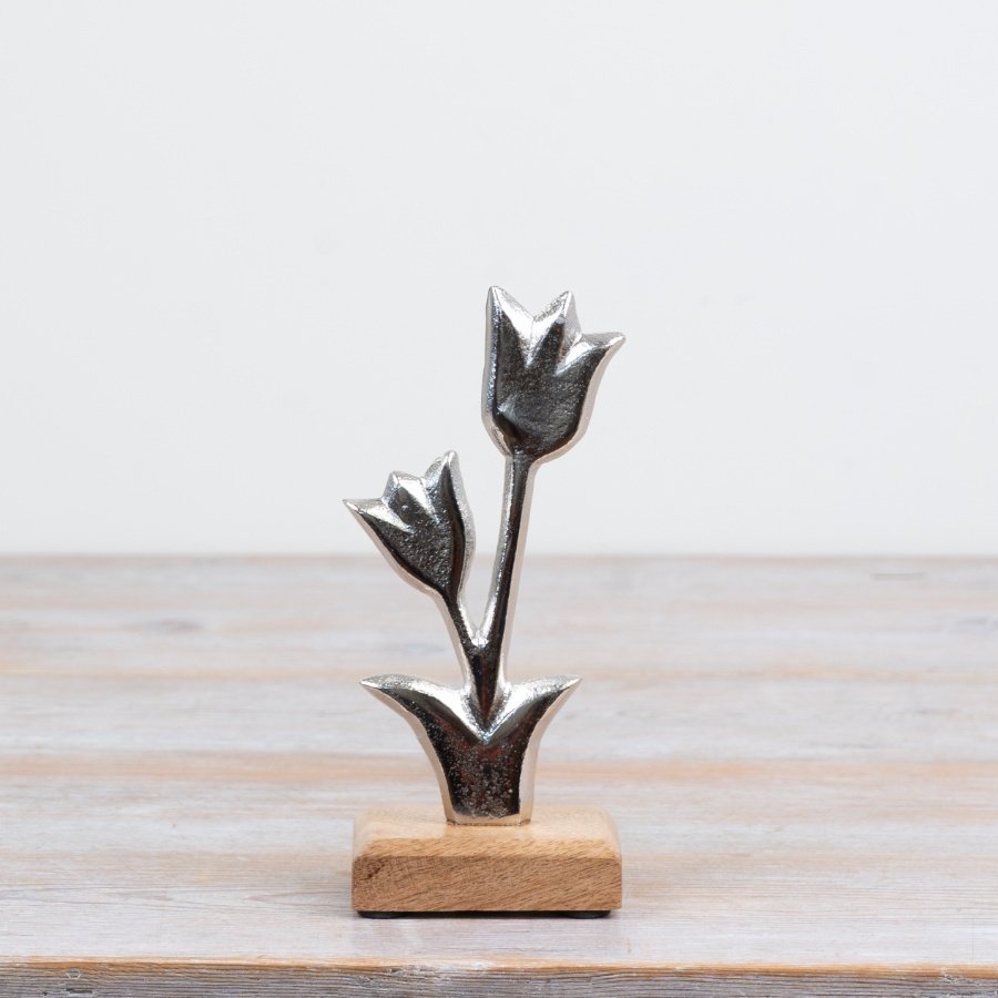 Delightful aluminium tulip flower art on a wooden base with a natural raw nickel finish