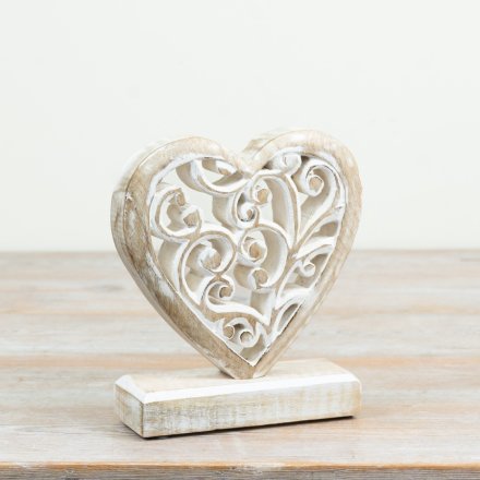 White Washed Heart Ornament on Base, 16cm 