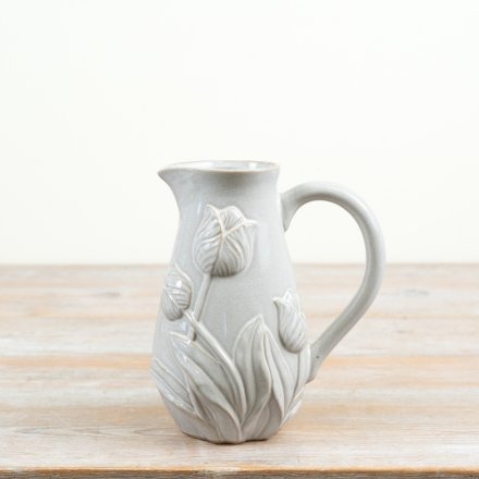 Timeless whitewashed jug decorated with delicate tulips