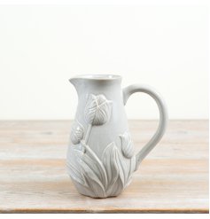 Timeless whitewashed jug decorated with delicate tulips