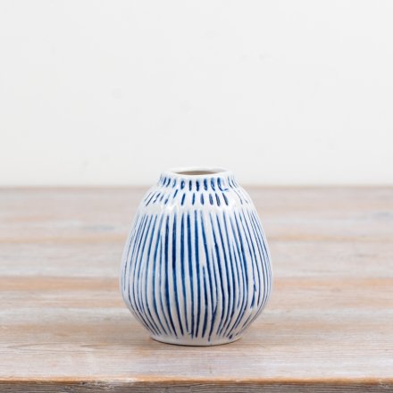 Delightful blue and white mini bud vase with intricate patterning