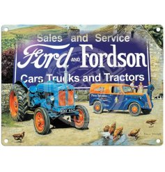 A nostalgic mini metal sign showcasing Ford and Fordson vehicles with rustic charm