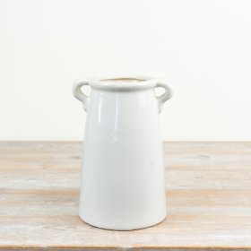 elegant tall white vase featuring two handles and a sleek glossy finish
