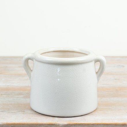 sleek bright white indoor planter with stylish side handles