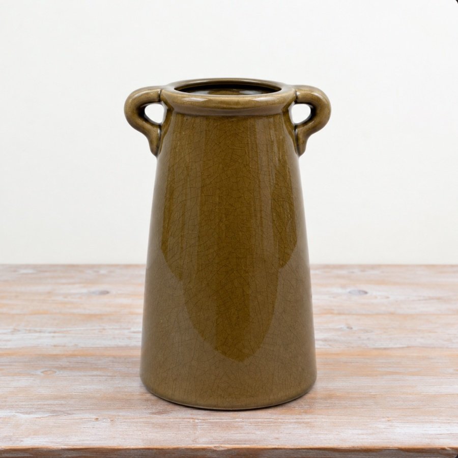 elegant vase glazed in a rich, shiny olive green finish