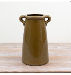 a charming vase  coated in a high-gloss, deep olive green 