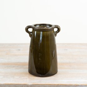 Elegant deep green vase featuring two decorative handles