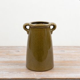 Elegant deep green vase featuring two decorative handles
