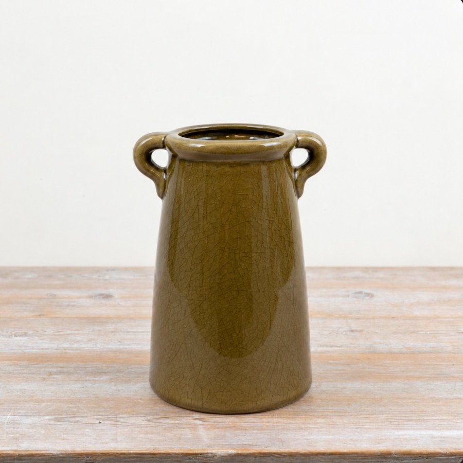 Elegant deep green vase featuring two decorative handles