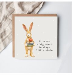 Delightful woodland bunny holding books and an apple – a heartfelt teacher greeting card