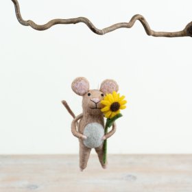 Adorable felt mouse ornament with sunflower, ideal for cheerful spring decorations