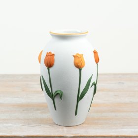 an eye-catching urn style vase with intricate 3D tulip design