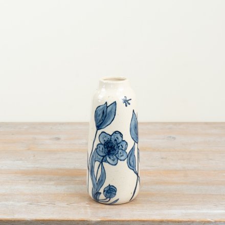 25cm Blue Floral Glass Vase