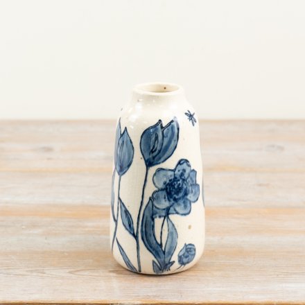 Indigo Floral Ceramic Vase, 17.5cm