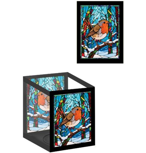 Add a warm, festive glow to your home with this charming robin tea light holder featuring a stained glass effect
