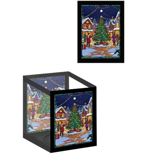 charming tea light holder capturing a snowy festive town square scene