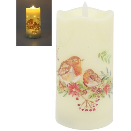 Winter Robins LED Candle, 15cm 