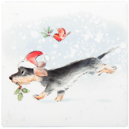 Dog With Bird Coaster, 10cm 