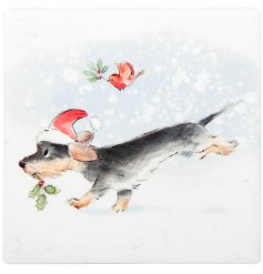 Protect your surfaces with this delightful Dog With Bird coaster adding a touch of warmth