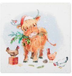 Protect surfaces with rustic charm and lively Highland cow character