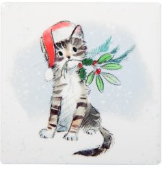 Protect your surfaces with a whimsical cat and berries coaster