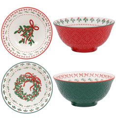 Delightful bowls featuring a festive holly motif