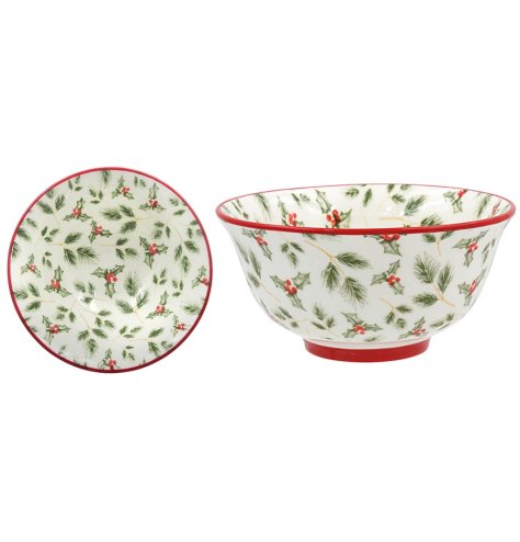 a delightful festive bowl adorned with traditional holly design