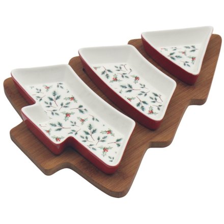 S/3 Holly Tree Dishes With Tray, 28cm 