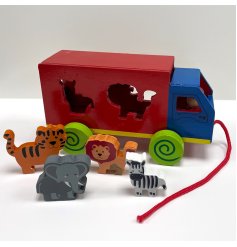 Endearing classic pull along truck with vibrant wooden zoo creatures