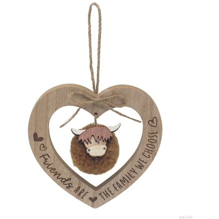 Wooden Friends Highland Cow Heart, 15cm 