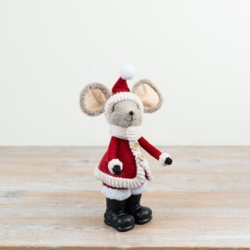 Boasts soft plush fabric, large ears, a lengthy tail, and tiny wooden coat buttons