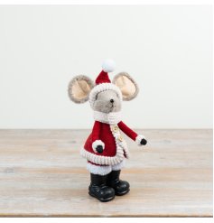Features a soft plush texture, oversized ears, a long tail, and miniature wooden coat buttons.
