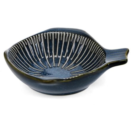 Charming fish-shaped ceramic bowl adorned with delicate blue radial lines perfect for dipping