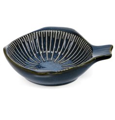 Charming fish-shaped ceramic bowl adorned with delicate blue radial lines perfect for dipping