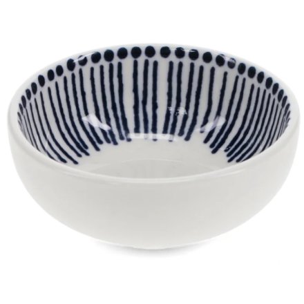Stylish white ceramic bowl featuring fine blue beaded lines, ideal for elegant dipping