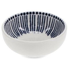 Stylish white ceramic bowl featuring fine blue beaded lines, ideal for elegant dipping
