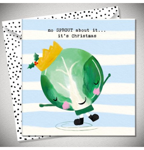a cheeky festive greetings card featuring a crowned Brussel sprout