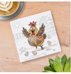 Protect your surfaces with this colourful Harriet Hen ceramic coaster featuring delightful bug art