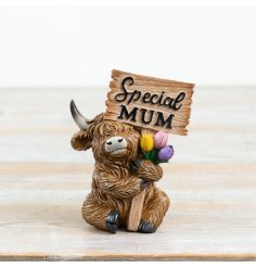 delightful resin figurine of a Highland cow holding a 'Special Mum' sign