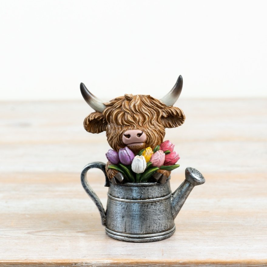 12.5cm Highland Cow in Watering Can with Tulip