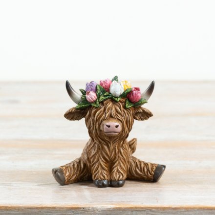 Highland Cow Deco With Tulip Flower Crown, 10.5cm 