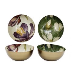 Pair of metal serving bowls featuring an elegant floral motif